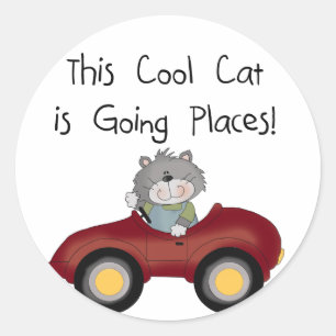 Cat Going Places Red Car tshirts and Gifts Classic Round Sticker
