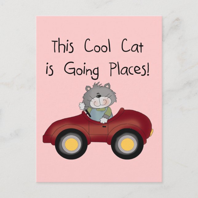 Cat Going Places Red Car tshirts and Gifts Postcard (Front)