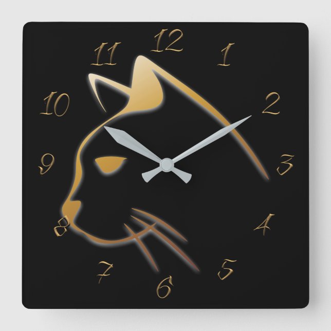 Cat gold silhouette square wall clock (Front)