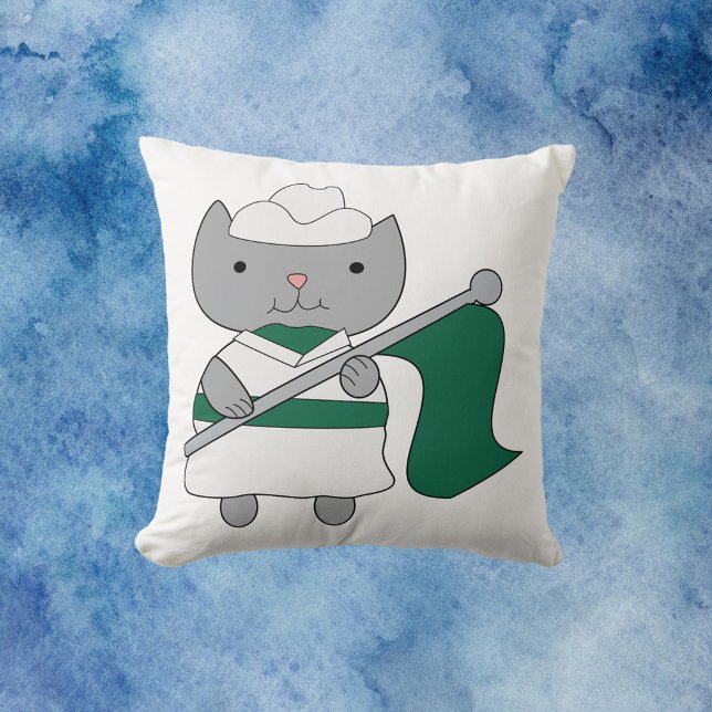 Cat Green White Colour Guard Cushion (A cute pillow with a gray cat wearing a green and white color guard uniform.)