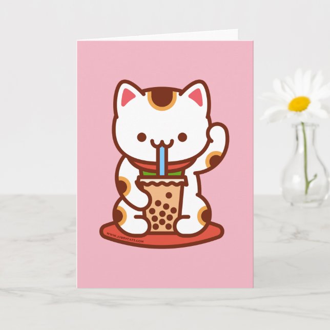 Cat Greeting Card: BOBA KIT-TEA MANEKI-NEKO Card (Small Plant)