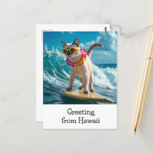 Cat Greeting from Hawaii surfing on surf board Postcard
