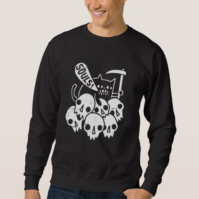 Cat Grim Reaper Halloween Funny Skulls Bones Skele Sweatshirt (Front)