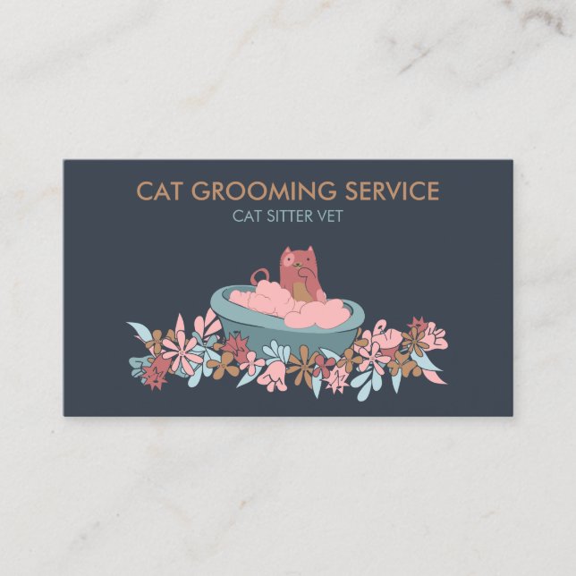 Cat Grooming Service Bath Cute Business Card (Front)
