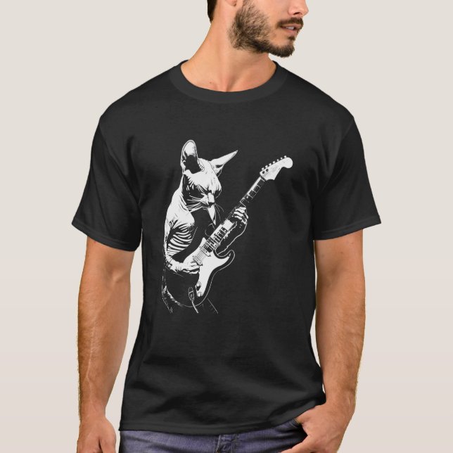 Cat Guitarist Guitar - Devon Rex Dad Mum T-Shirt (Front)