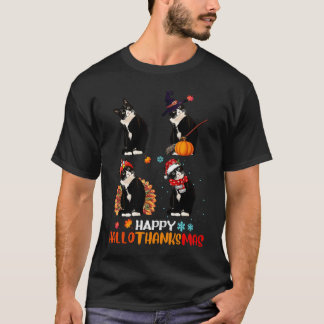 Cat Halloween And Merry Christmas Happy Hallothank T-Shirt