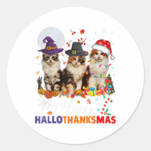 cat halloween christmas happy hallothanksmas thank classic round sticker