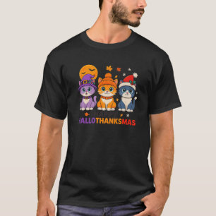 Cat Halloween Christmas Happy Hallothanksmas Thank T-Shirt