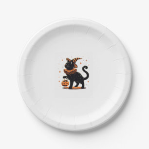 Cat Halloween Funny Spooky Season Cat Witch Pumpki Paper Plate
