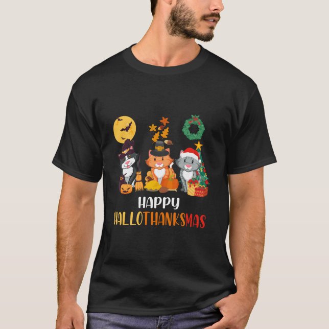 Cat Halloween Happy Hallothanksmas Thanksgiving T-Shirt (Front)