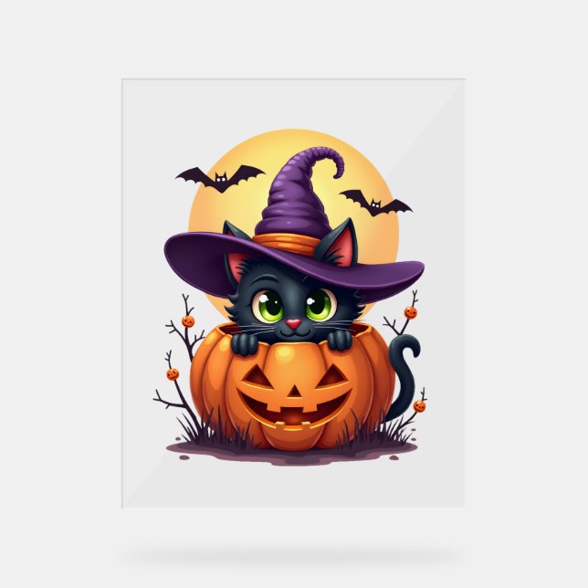 Cat Halloween Pumpkin Black Cat Acrylic Sign (Front)