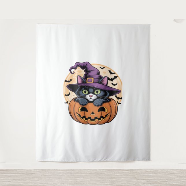 Cat Halloween Pumpkin Black Cat Oversized T-Shirt Tapestry (Front)
