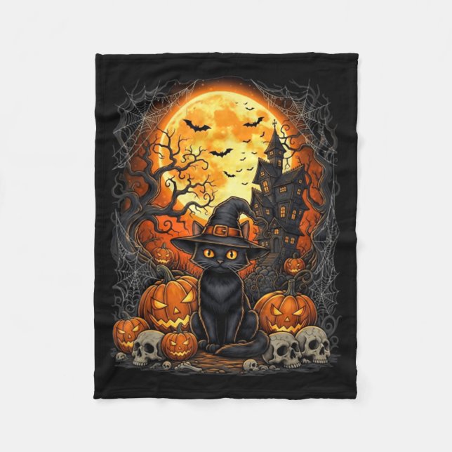 Cat Halloween Pumpkin Black Fleece Blanket (Front)