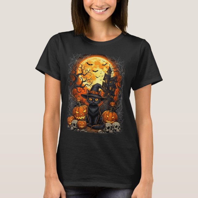 Cat Halloween Pumpkin Black T-Shirt (Front)