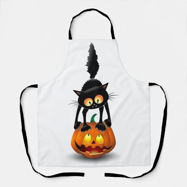 Cat Halloween Scared Cartoon on Pumpkin Apron (Front)