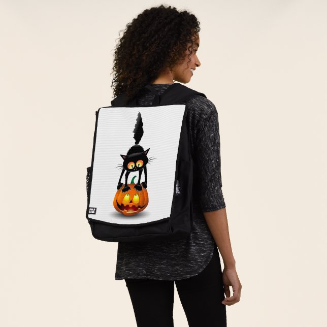 Cat Halloween Scared Cartoon on Pumpkin Backpack (Worn)