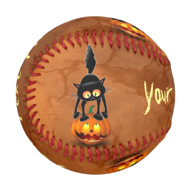 Cat Halloween Scared Cartoon on Pumpkin Baseball (Front Left)