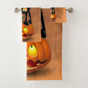 Cat Halloween Scared Cartoon on Pumpkin Bath Towel Set