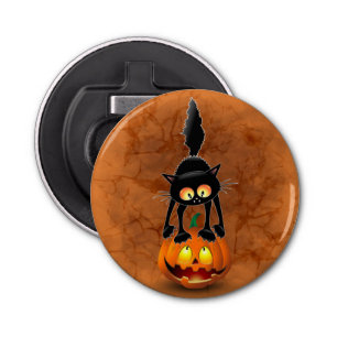 Cat Halloween Scared Cartoon on Pumpkin Bottle Opener