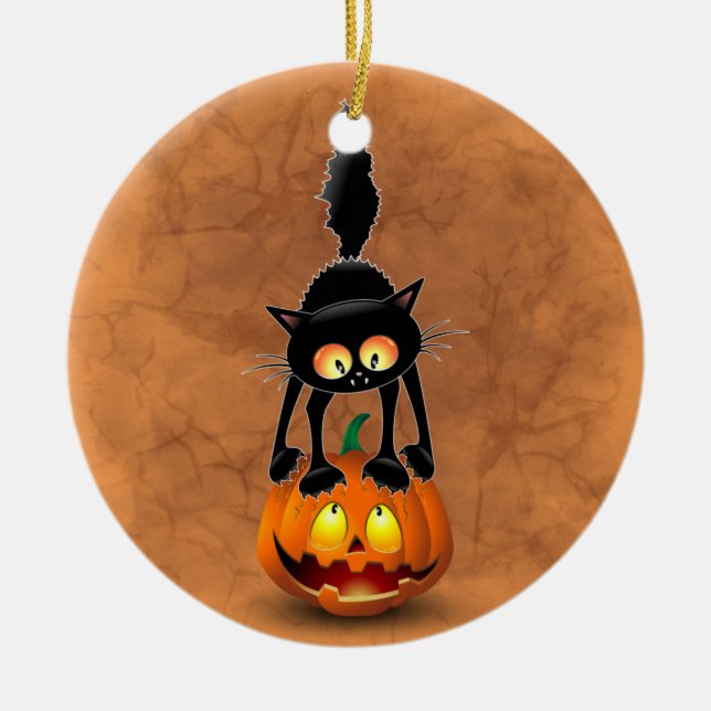 Cat Halloween Scared Cartoon on Pumpkin Ceramic Tree Decoration (Front)