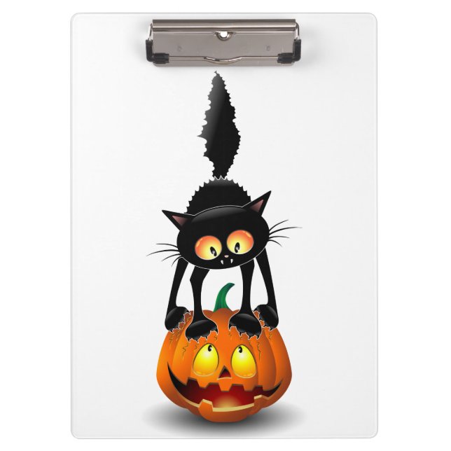 Cat Halloween Scared Cartoon on Pumpkin Clipboard (Front)