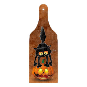 Cat Halloween Scared Cartoon on Pumpkin Cutting Board