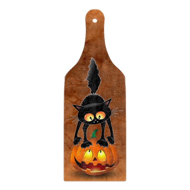 Cat Halloween Scared Cartoon on Pumpkin Cutting Board (Front)