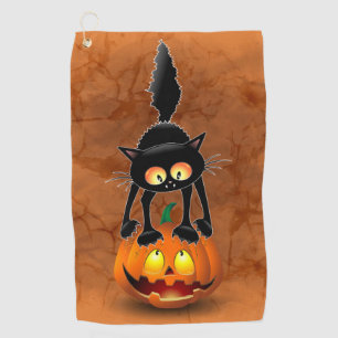 Cat Halloween Scared Cartoon on Pumpkin Golf Towel