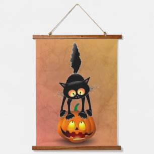 Cat Halloween Scared Cartoon on Pumpkin Hanging Tapestry