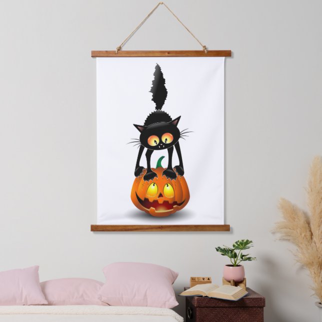 Cat Halloween Scared Cartoon on Pumpkin Hanging Tapestry (Bedroom)