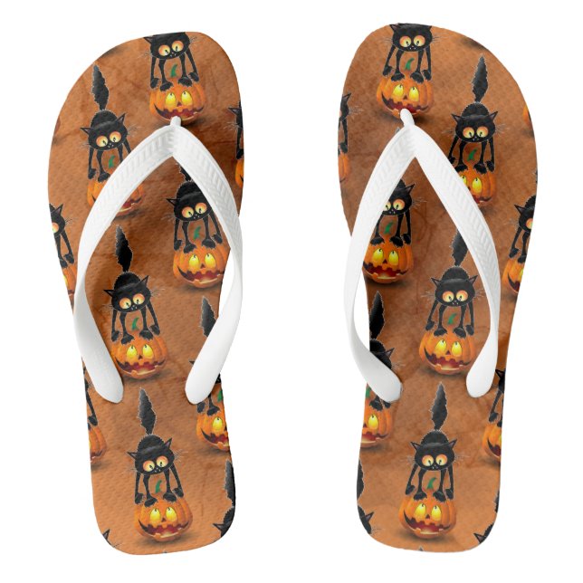 Cat Halloween Scared Cartoon on Pumpkin Jandals (Footbed)