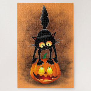 Cat Halloween Scared Cartoon on Pumpkin Jigsaw Puzzle
