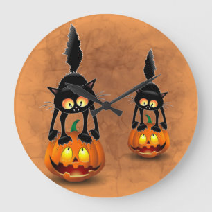 Cat Halloween Scared Cartoon on Pumpkin Large Clock