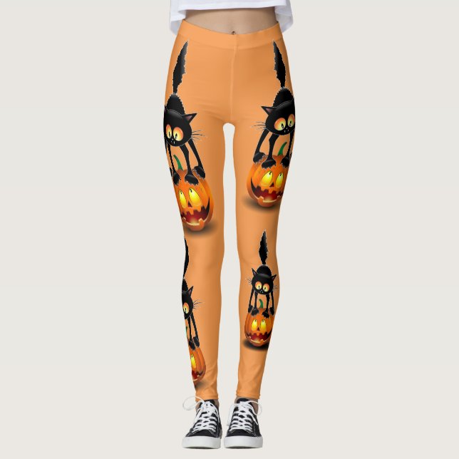 Cat Halloween Scared Cartoon on Pumpkin Leggings (Front)