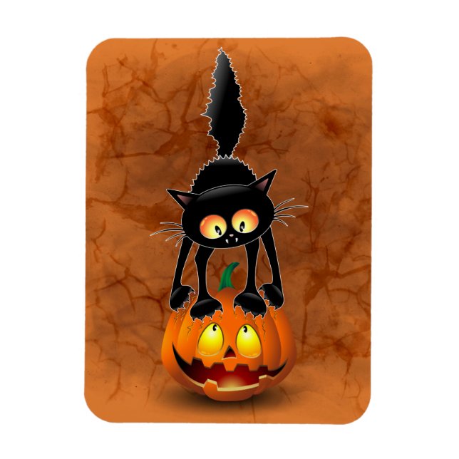 Cat Halloween Scared Cartoon on Pumpkin Magnet (Vertical)