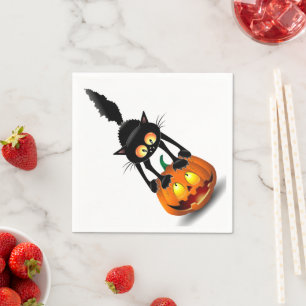 Cat Halloween Scared Cartoon on Pumpkin Napkin