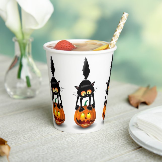 Cat Halloween Scared Cartoon on Pumpkin Paper Cups (Insitu)