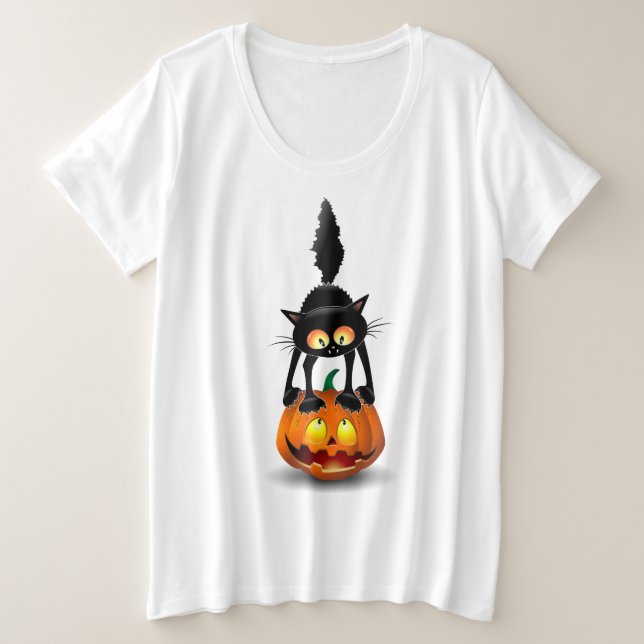 Cat Halloween Scared Cartoon on Pumpkin Plus Size T-Shirt (Design Front)