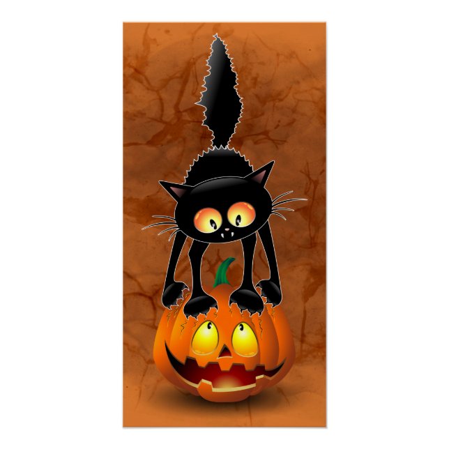 Cat Halloween Scared Cartoon on Pumpkin Poster (Front)