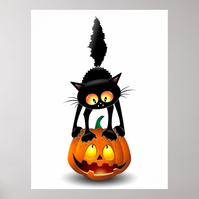 Cat Halloween Scared Cartoon on Pumpkin Poster (Front)
