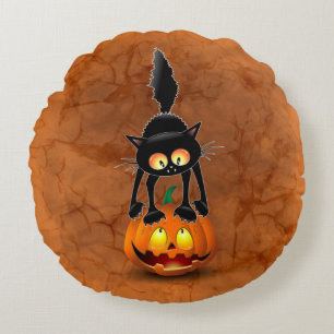 Cat Halloween Scared Cartoon on Pumpkin Round Cushion