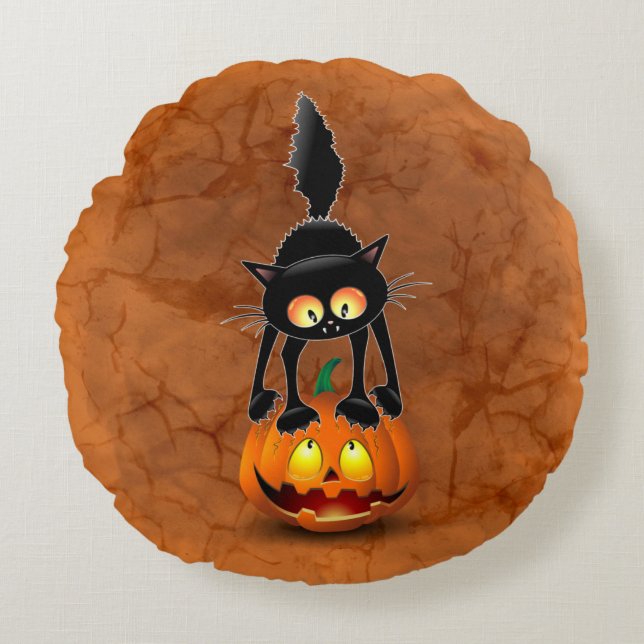 Cat Halloween Scared Cartoon on Pumpkin Round Cushion (Front)