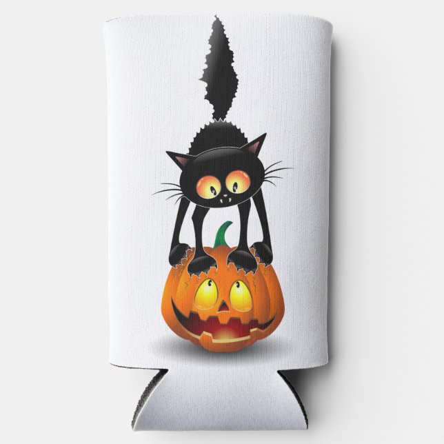 Cat Halloween Scared Cartoon on Pumpkin Seltzer Can Cooler (Front)