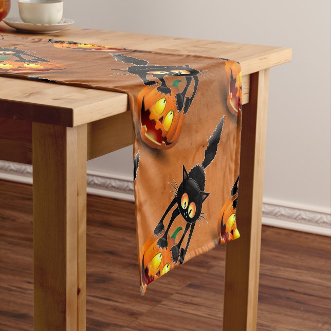 Cat Halloween Scared Cartoon on Pumpkin Short Table Runner (In Situ)