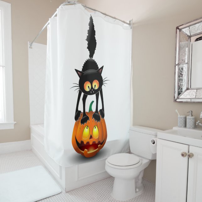 Cat Halloween Scared Cartoon on Pumpkin Shower Curtain (In Situ)