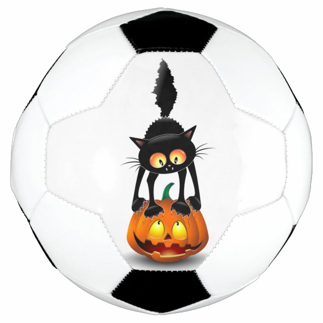 Cat Halloween Scared Cartoon on Pumpkin Soccer Ball (Front)