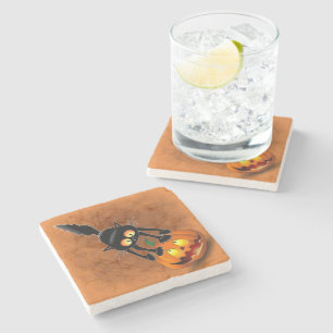 Cat Halloween Scared Cartoon on Pumpkin Stone Coaster
