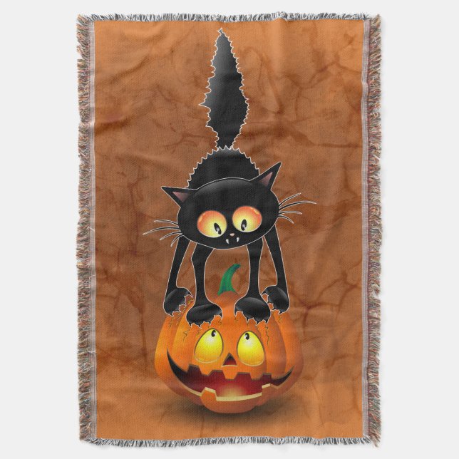 Cat Halloween Scared Cartoon on Pumpkin Throw Blanket (Front Vertical)