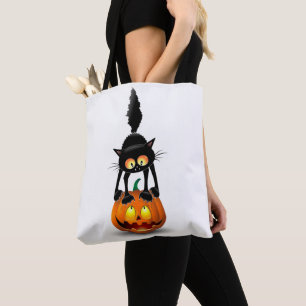 Cat Halloween Scared Cartoon on Pumpkin Tote Bag
