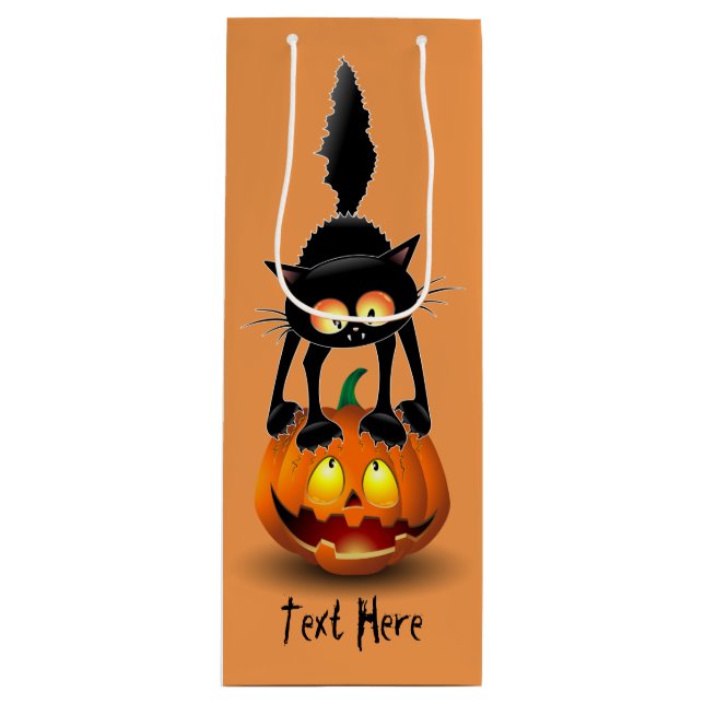 Cat Halloween Scared Cartoon on Pumpkin Wine Gift Bag (Front)